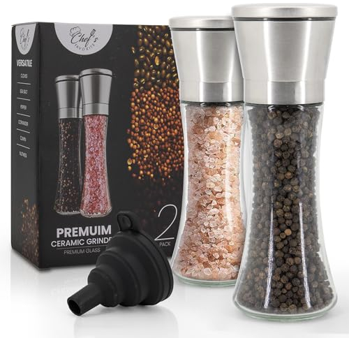 CHEF'S FAVORITE Salt and Pepper Grinder Set of 2 - Manual Grinders with Adjustable Grinding - Refillable Salt and Pepper Mill Set - Stainless Steel & Glass Mills - Includes Funnel for Easy Filling