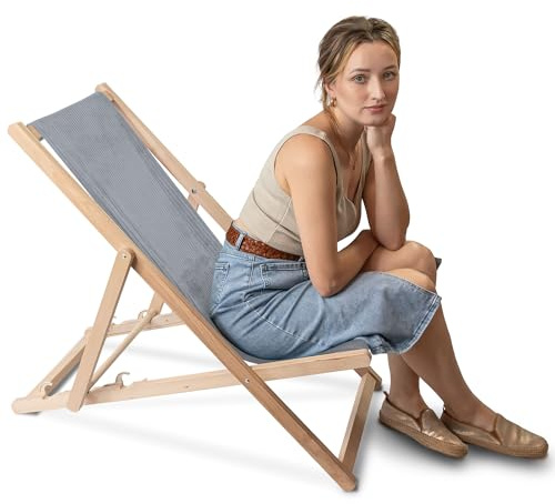 DreamRoots Liegestuhl Holz Klappbar Cord-Gewebe aus Buchenholz, bis 130 kg belastbar, 3-Fach verstellbare Rückenlehne für Garten oder Terrasse