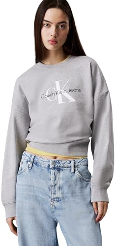 Calvin Klein Damen Sweatshirt Monologo French Terry mit Rundhalsausschnitt, Grau (Heroic Grey Heather), XXL