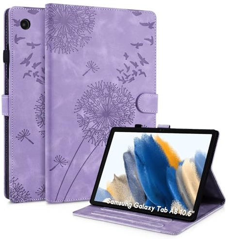Rostsant Funda para Samsung Galaxy Tab A8 10.5 Pulgadas Funda de Cartera de Cuero con Estampado de Diente de león Cubierta magnética para Samsung Galaxy Tab A8 2022 SM-X200/SM-X205 Violeta