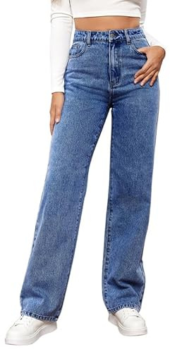 LAEMILIA Baggy Jeans Women Straight Leg Denim Pants Ladies High Waist Wide Leg Trousers with Pockets Loose Fit Jeans Plus Size S-XXL/UK 8-18