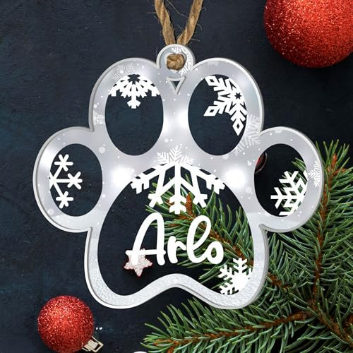 Personalised Pawprint Christmas Bauble – Custom Pet Ornament with Name – MDF Wood or Acrylic Options – Ideal for Christmas, Birthdays, Memorials, Pet Loss (Silver, Acrylic Indoor & Outdoor Use)