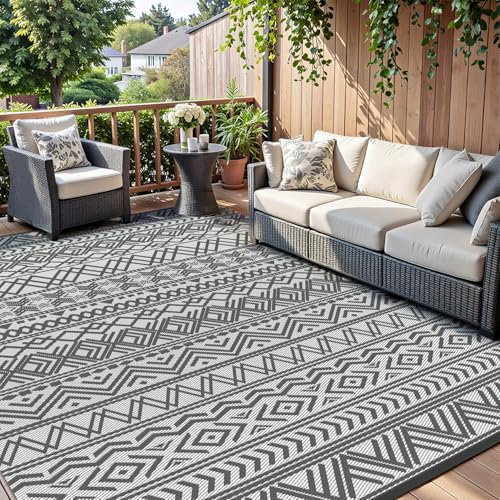 SIXHOME Outdoor Teppich Wetterfest, Wendbarer Balkon Picknick Teppich 150 * 240cm UV-Beständige, Boho-Style Leichtgewicht Outdoorteppich Carpet rutschfest für Garten Balkon Terrasse Camping, Grau