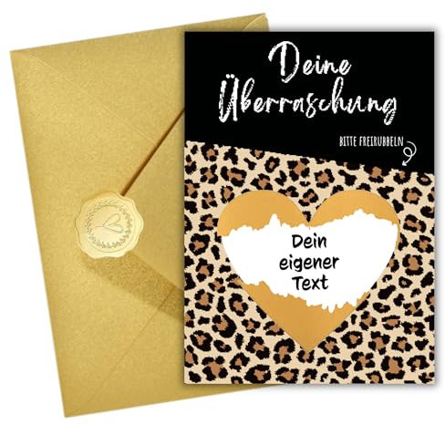 DIY Rubbelkarte – 1er-Set im stilvollen Leoparden-Design – Mit goldenem Rubbelherz, edlem Gold-Umschlag & Siegelsticker – Personalisierbarer Gutschein & geheime Botschaft für besondere Überraschungen