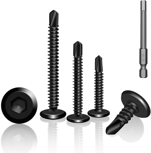 YFLeomry 60 Vis Auto-Taraudeuses en Acier Inoxydable 410, 6,3 x 19 mm, Tête Plate avec Empreinte Hexagonale, Noires vis autoforeuse Incluant Embout de Tournevis