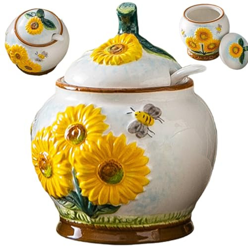 Sugar Container, Embossed Sunflower and Bee Sugar Bowl with Lid and Spoon, 4x4.7 Ceramic Spice Jars for Kitchen Countertop, Coffee Bar Spice Rack Cabinet