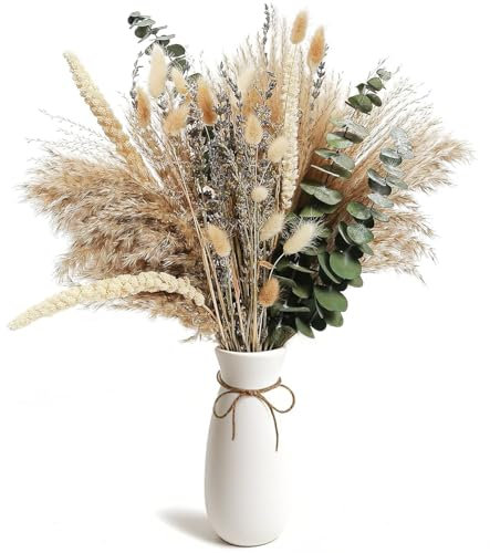 UNIANE 80 Stück Pampasgras Deko,Boho Pampas Gras Trockenblumen Natürliche Schilfblume Eukalyptus Lavendel Getrocknete für Tägliche Esszimmertisch,Wohnzimmer Home,Hochzeiten,Boho-Partydekorationen