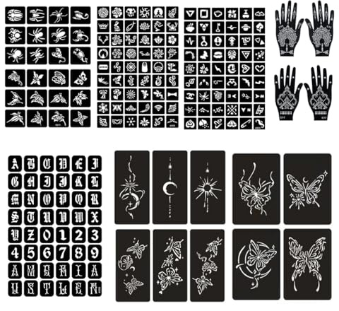 Henna Schablonen, 281 Stück, 14 Blätter Henna Tattoo Set, Temporäre Tattoo Schablonen, für Frauen Mädchen Teens, für Frauen Finger Körper paint.