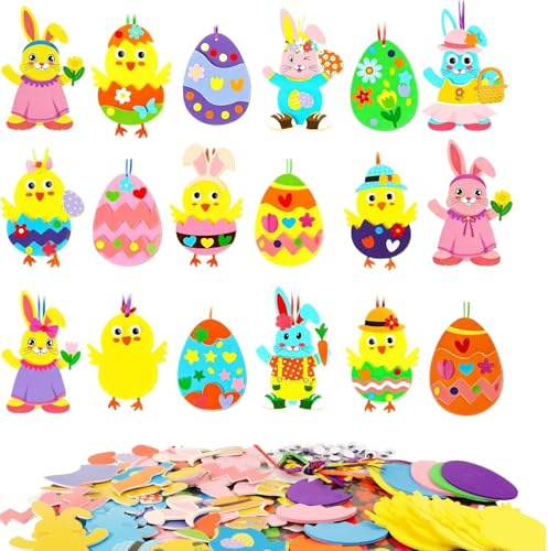 Dargkwn 18 Stück Ostern Bastelset Kinder Moosgummi Aufkleber Selbstklebend Anhänger Hase Küken Ostereier - Selbstklebend DIY Set Osterküken-Dekorationen Frühling Deko zum Aufhängen
