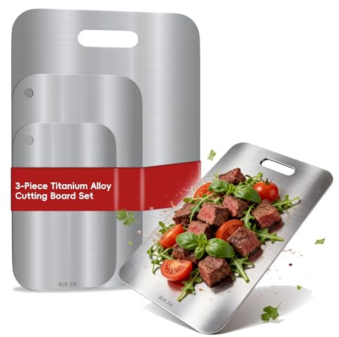 Titan Schneidebrett Edelstahl S316 Set 3 Stück Doppelseitiges Lebensmittelechtes Küchenschneidebrett, Spülmaschinenfest für Fleisch Obst Gemüse Brot Käse