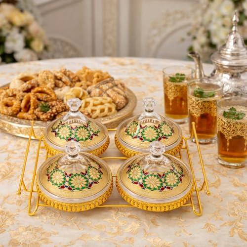 Saharashop Servierschalen Set mit 4 Tajine Schalen, Gold Glas mit Deckel, Orientalische Tischdeko für Snacks, Nüsse und Dips, mit Goldener Servierablage