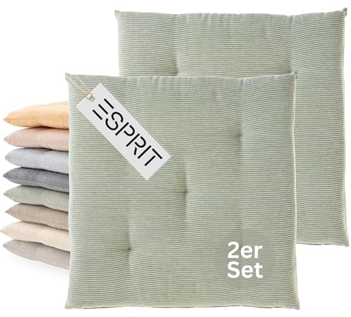 Esprit 2er Set Sitzkissen Stuhl 40x40cm Grün - Bequeme Stuhlkissen für Esszimmer & Küche - waschbar bis 30°C - Öko-Tex - Sitzauflage für Gartenmöbel, Sitzpolster, Bank, Bürostuhl & Boden