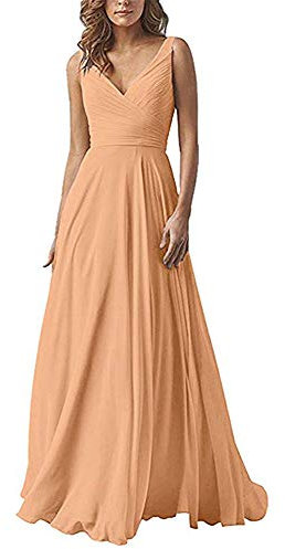 Leader of the Beauty Abito da damigella d'onore lungo in chiffon con scollo a V a doppia linea, Pesca, 62