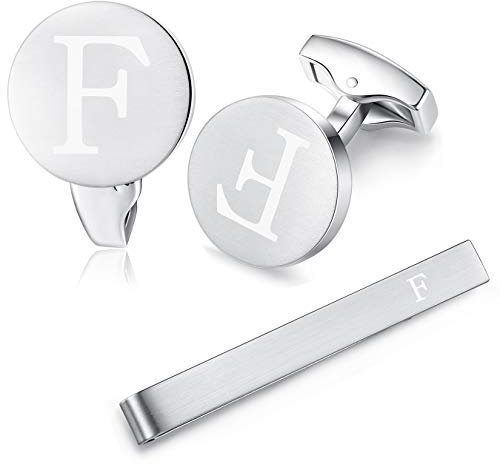HONEY BEAR Initiale Lettre Alphabet Boutons de Manchette & Pinces à Cravate Set pour Le Cadeau D'affaires de Mariage de Chemise D'hommes (Argent brossé) (F set)