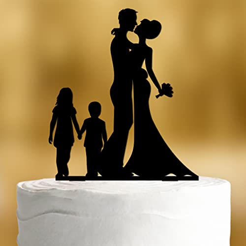 Cake Topper Brautpaar mit Kindern [großes Mädchen, kleiner Junge] - Acryl deko schwarz deko Hochzeitstorte deko Kuchen deko Hochzeit Tortendekoration Verlobung Tortendeko