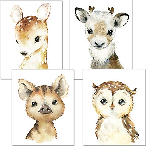 artpin® Jeu de 4 posters pour chambre de bébé/d'enfant - affiche les animaux de la foret fille garçon fille - IDIN A4 mage - hibou cerf verrat hibou P49