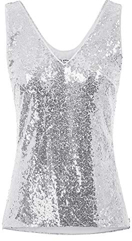 GRACE KARIN Damen Pailletten Tops Sparkle Shimmer Weste Ärmellos V-Ausschbitt U-Back Side Split Bluse Tunika S Silber Cl011080-1
