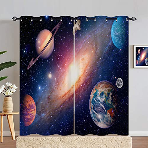 ANHOPE Weltraum Planeten Galaxie Erde Vorhänge mit Ösen Blickdichte Gardinen Thermo Vorhang Blackout Curtain Schlafzimmer Wohnzimmer Kinder Jungen Mädchen Verdunklungsvorhänge 2er Set H 229 x B 117 cm
