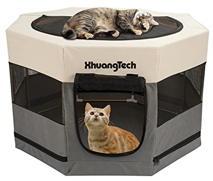 XhuangTech Tragbares, faltbares Haustier-Laufgitter für Hunde, Katzen, Kaninchen, Meerschweinchen, Stahlrohrrahmen, Welpenkäfig, Zwingerzelt für den Innen- und Außenbereich (73,7 x 73,7 x 45 cm, grau)