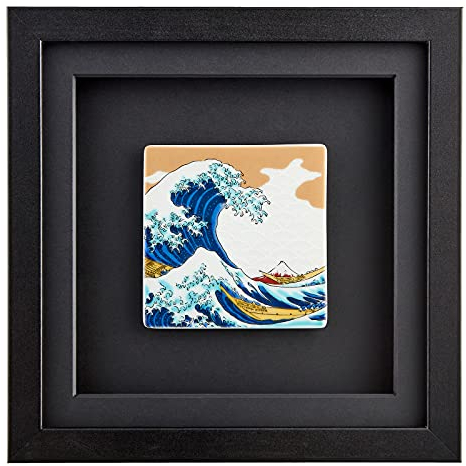 Japan Wandbild OONAMI aus japanischem Porzellan in 3D-Holz-Bilderrahmen Schwarz Geschenk-Box 22,5 x 22,5 x 3.3 cm