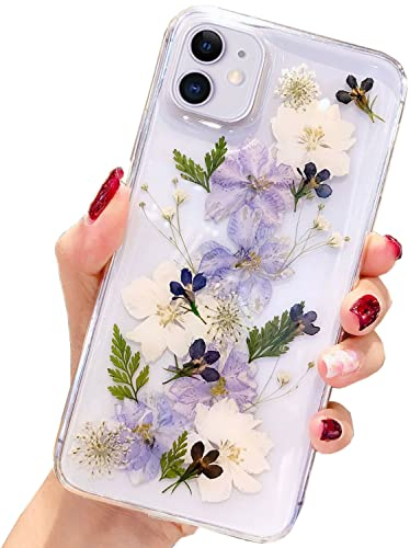 AMART für iPhone 12/ iPhone 12 Pro Hülle Blumen, Durchsichtig Echte Getrocknete Blumen HandyHülle Transparente Weich Silikon Frauen Mädchen Schutzhülle für iPhone 12/12 Pro(6,1NUR)(Navy Blume)