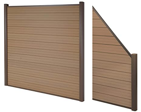 Mendler WPC-Sichtschutz Sarthe, Windschutz Zaun, Alu-Pfosten 2er Set schräg, 2,82m - Teak