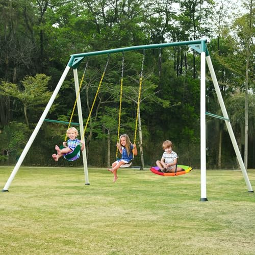 Hapfan 9.5' Heavy Duty Tall Swing Sets for Backyard for Kids and Adults with Saucer Swing, 2 Belt Swings (Patented)