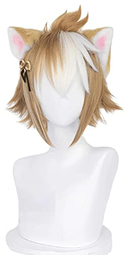 Gorou Cosplay Perücke Spiel Genshin Wirkung Gorou Kurzbraun Weiß Hitzebeständige Synthetische Haare Spiel Anime Perücken mit Ears + Perücke Mütze (Color : Wig and Plush Ears, Size : One Size)