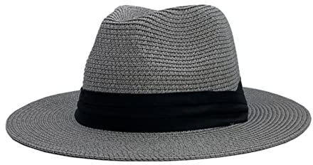 LTHTX Chapeau Panama classique d'été réglable, fait à la main, chapeau de paille pour homme, chapeau de plage, chapeau de protection UV, gris, Large