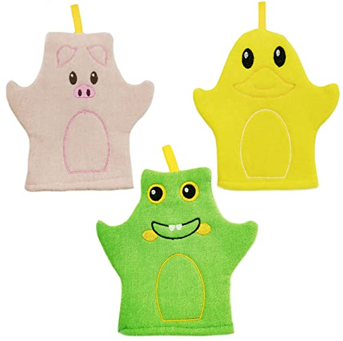 3 Stücke Baby Bade Handschuhe im Schönen, Waschhandschuh Baby, Waschlappen mit Tiermotiv, für Baby Bade und Dusche