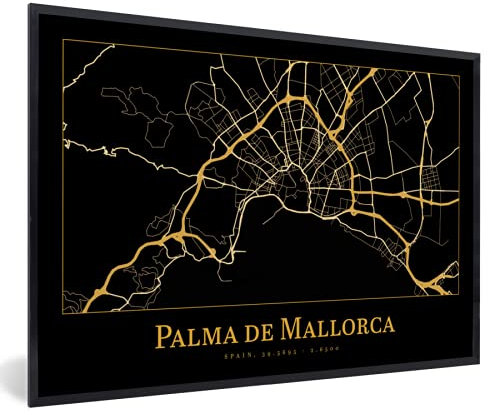 Poster Bilder Wanddeko Deko Wohnzimmer 30x20 cm Karte - Palma de Mallorca - Gold - Schwarz