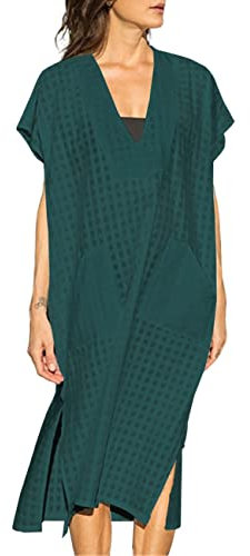Bsubseach Women Short Sleeve Swimsuit Cover Up Sexy Deep V Neck Beach Long Dress Dark Green