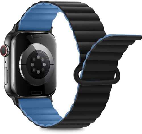 Anlinser Compatible avec Bracelet Apple Watch 49/46/45/44/42/41/40/38mm, Bracelet Magnétique Réversible Double Face avec Boucle pour iWatch Ultra Série 10 9 8 7 6-1 SE (49/46/45/44/42,Noir/Bleu)