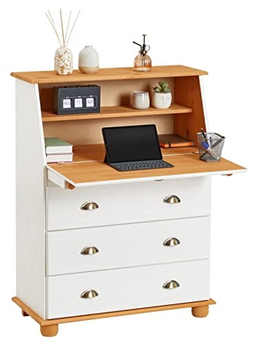 IDIMEX Sekretär Gomes aus massiver Kiefer weiß/braun, schöner Bürotisch mit Klappe, praktischer Arbeitstisch mit 2 Fächer und 3 Schubladen