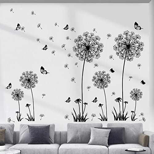 decalmile Wandtattoo Pusteblume Wandaufkleber Löwenzahn Schwar Schmetterling Wandsticker Wohnzimmer Schlafzimmer Flur Wanddeko (2 Packung)