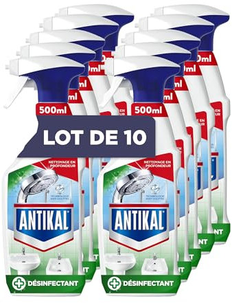 Antikal Spray Désinfectant Anti-Calcaire Éliminer Jusqu’à 100% Du Calcaire, Élimine 99,99% Des Bactéries Et Virus Spéciaux lot de 10X500ml