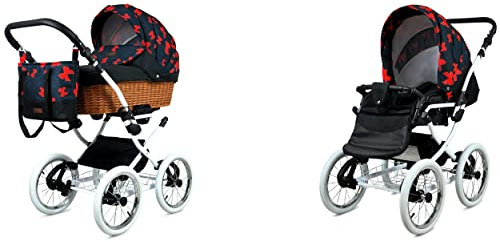 BabyLux ALU 2in1 Kinderwagen für Kleinkinder – Kinderwagen für Neugeborene und Kleinkinder – Baby Neugeborenen Kinderwagen – 59x105x125cm – Max. 15kg – Red Bow White Frame