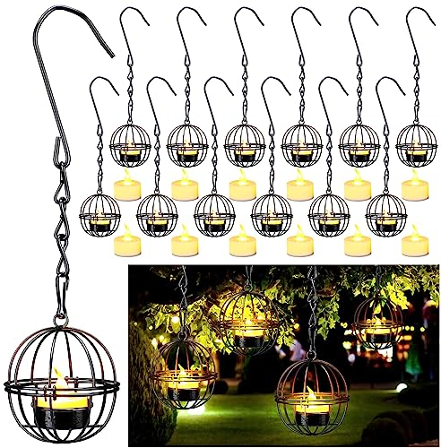 Retisee 12 Set Outdoor Hanging Candle Holder, Outdoor Hanging Vintage Lanterns with Tea Lights for Home, Garden, Backyard, Pergola, Patio Umbrella, Tree, Window Decor