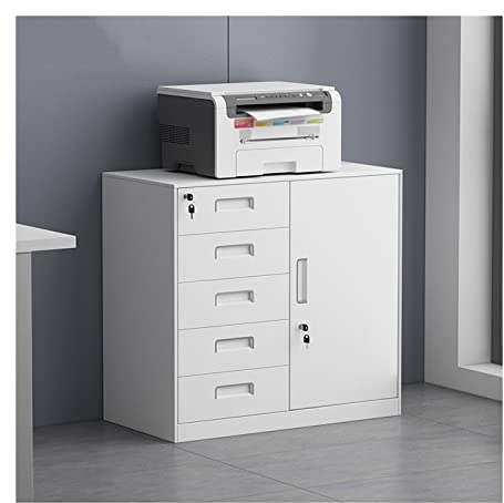 Aktenschrank Rollcontainer Aktenschrank aus Stahl, 5 Schubladen mit Schloss, vertikaler Aktenschrank, Druckerregal, niedriger Aktenschrank for das Heimbüro, komplett montiert Büroschrank ( Color : Whi