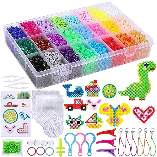 EOGRFW 4500 Bügelperlen Set, Glitzer Bügelperlen 5 mm, 24 Farben Steckperlen in Sortierbox mit Bügelperlen Platten,Bügelpapie für Kinder Geschenk,DIY Bügelperlen
