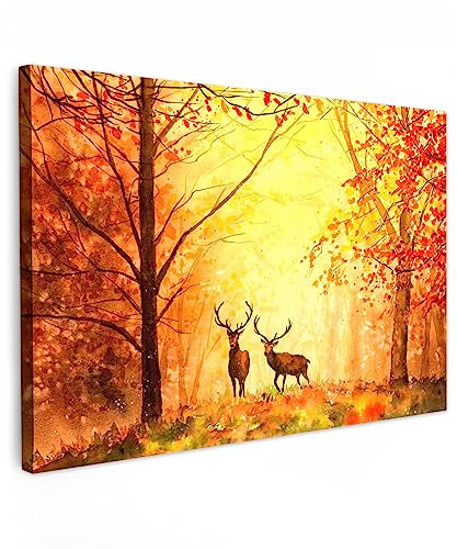 MuchoWow Toile Nature - Couleur à l'huile - Cerf - Animaux - Automne - Orange - Decoration murale - 120x80 cm - Tableaux de salon - Deco chambre - Peinture