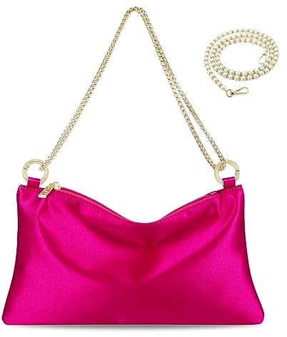 MGBPEI Bolsas de noche de satén para mujer, bolsos de boda de moda para mujer con 2 cadenas de bolsa disponibles en tres colores, Rosa encendido
