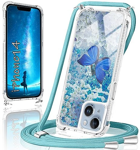 XCYYOO Chaîne de téléphone portable pour iPhone 14/iPhone 13 - Avec cordon - En TPU - Fine - Anti-rayures - Anti-chocs - Motif papillon à paillettes - Avec cordon