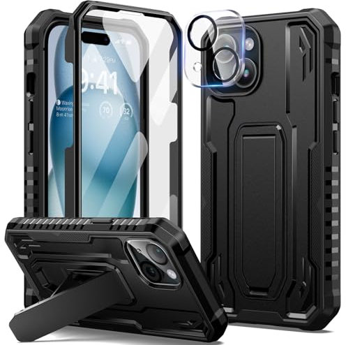 seacosmo for iPhone 15 Phone Case with Kickstand Shockproof Military Grade Protective Cover [Built-in Tempered Glass Screen Protector + Camera Lens Protector] Dual Layer Full Protection - Black