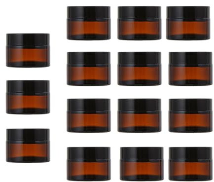Lot de 15 bocaux ronds vides en verre ambré avec couvercles noirs, 30 g pour crème, échantillon, lotion, poudre, pommades, épices