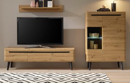 Furn.Design Wohnwand in Eiche Artisan und schwarz Wohnkombination Schrankwand 3-teilig Set skandinavisch 270 x 170 cm Ronson (Set 2)