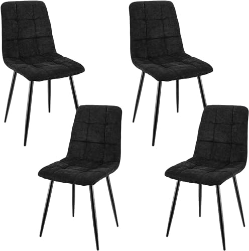 JIJIAN Set of 4 Dining Chairs, Linen Kitchen Chairs, Living Room Chair with Upholstered Seat Backrest and Sturdy Black Metal Legs, Checkerboard Pattern (Black)