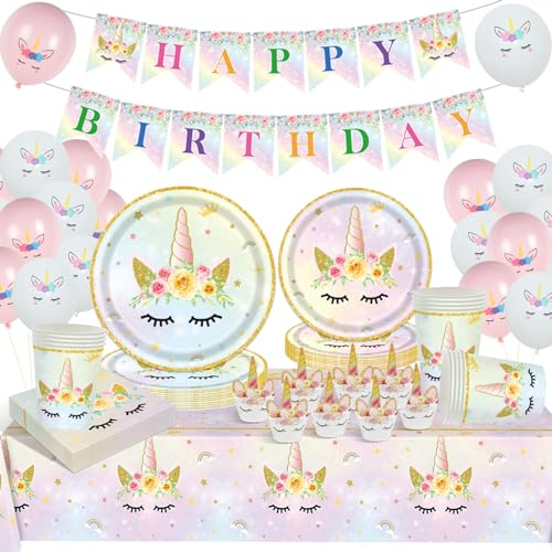 YEJIKJ Unicornios Vajilla Cumpleaños Infantil Kit, Feliz Cumpleaños Decoracion Cumpleaños Unicornio Incluye Globos Unicornio Platos y Vasos para Cumpleaños Baby Shower Fiesta