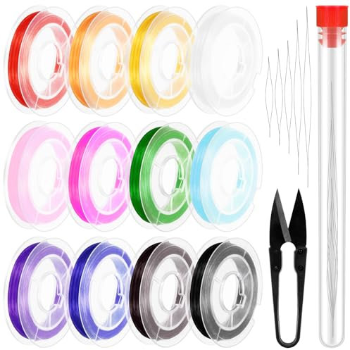 Keadic 18Pcs 12 Farben 0.8mm Flache elastische Schmuck Schnur Set mit Aufbewahrungsbox für Armbänder Halskette Machen, 393 Feet Stretch Magic Beading Thread für Clay/Crystal/Pony Perlen