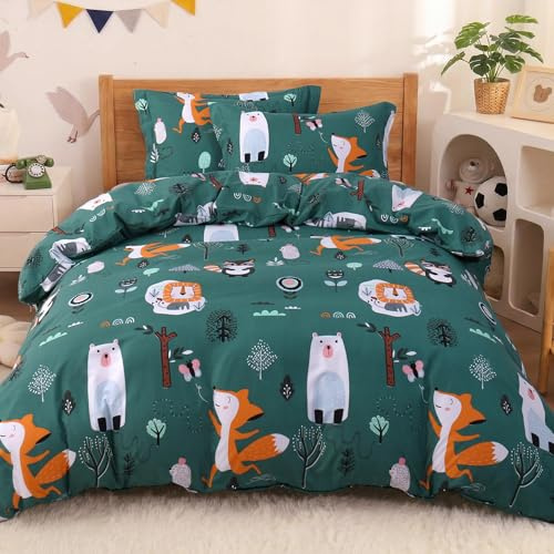 JSD Green Forest Animal Kids Duvet Cover Set Twin Size, 2 Piece Soft Printed Microfiber Comforter Cover with Pillow Sham Zipper Closure, Comforter Not Included